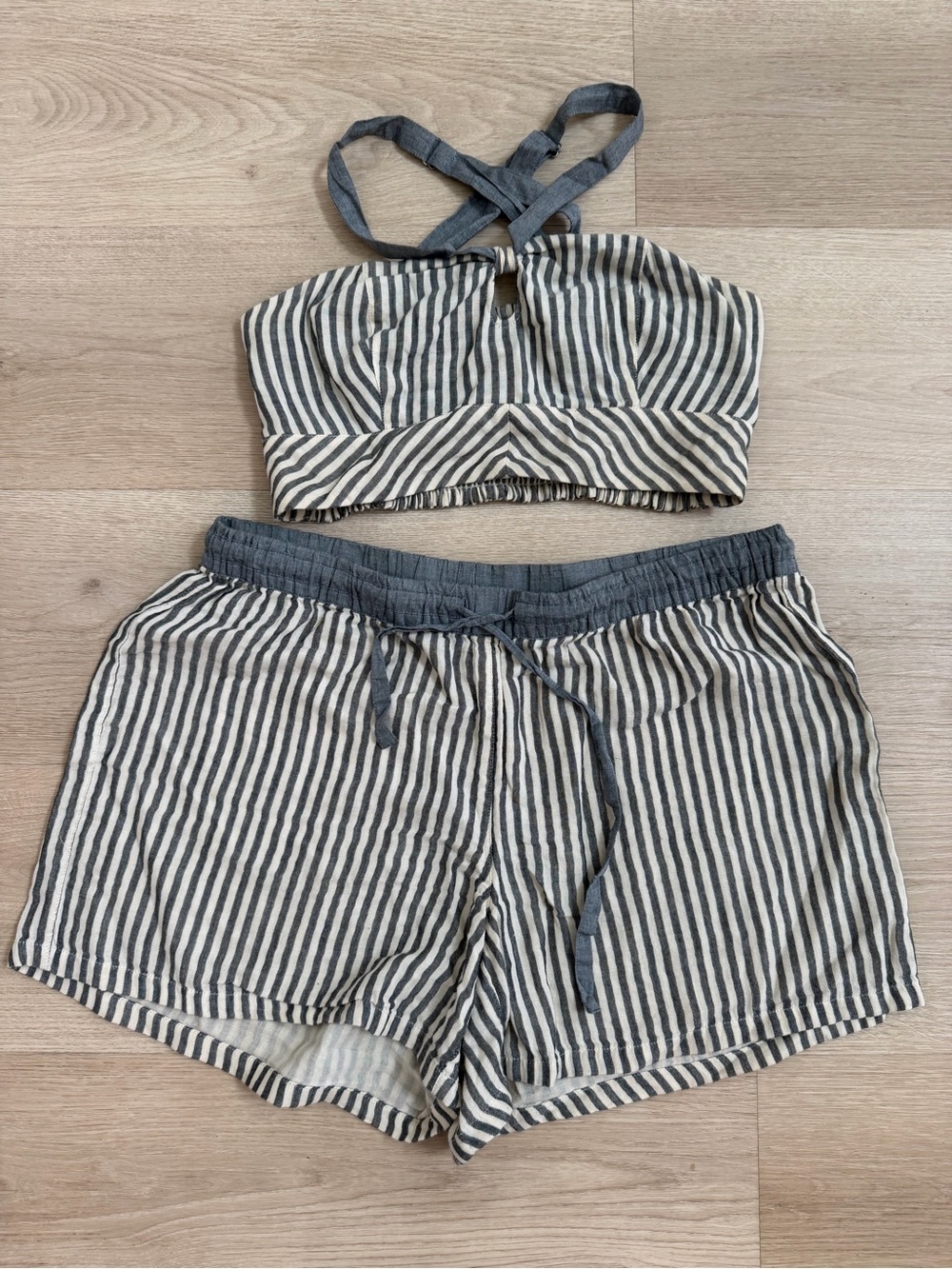 Anthropologie Striped High-Waist Shorts Set in Denim and White